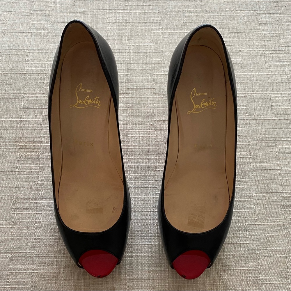 Christian Louboutin Black Leather Peep-Toe Pumps with Red Toe Accent